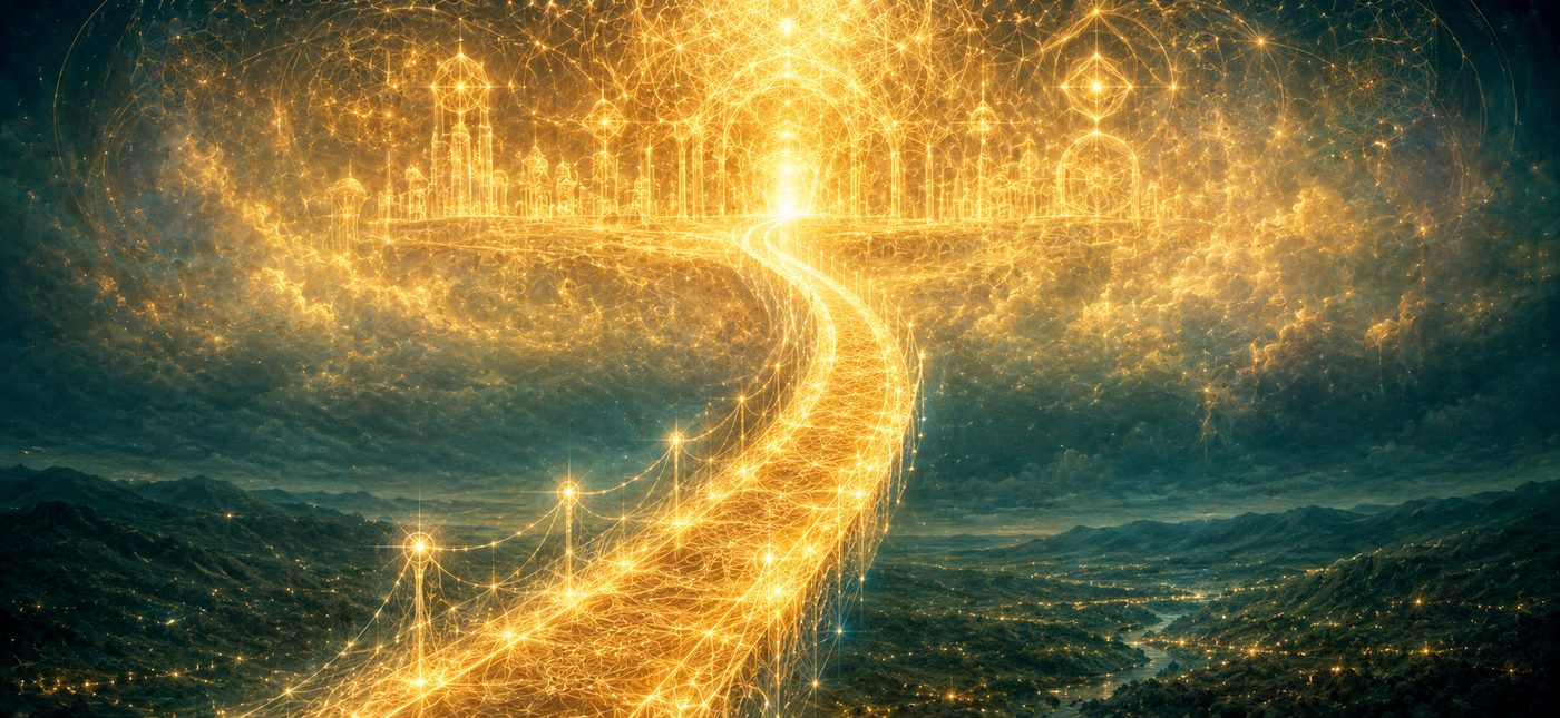 A bridge of light rising from the Earth toward a radiant celestial temple, the Bridge Between Heaven and Earth