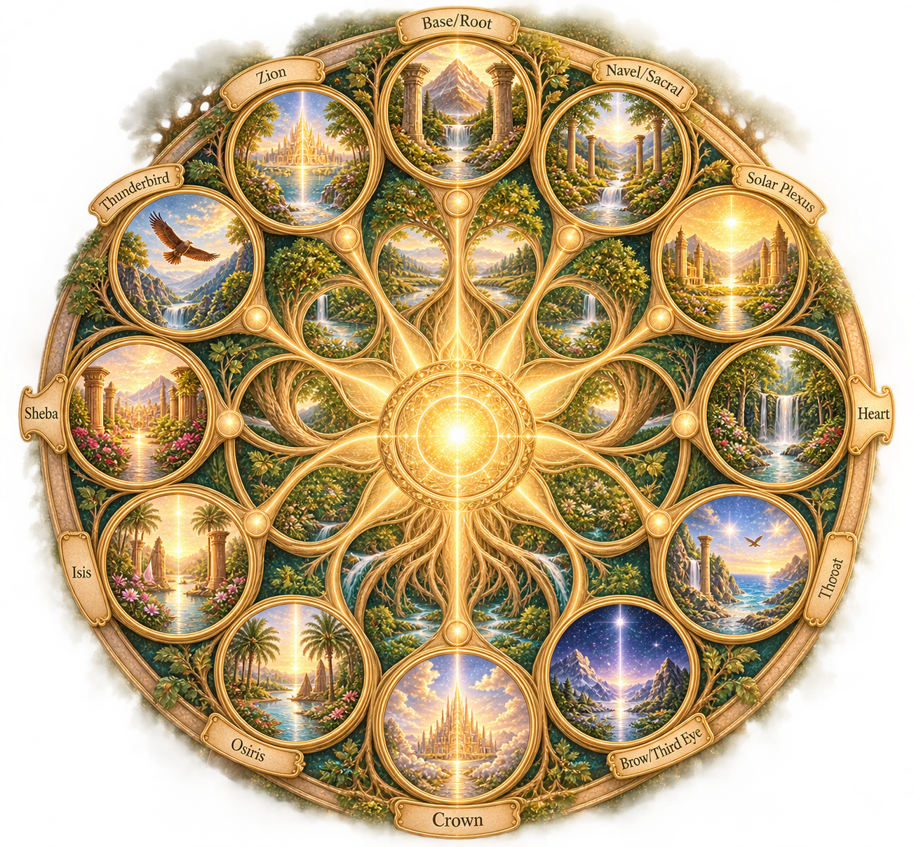The Twelve Ascension Gates of the human chakra system, positioned around a wheel with their locations named