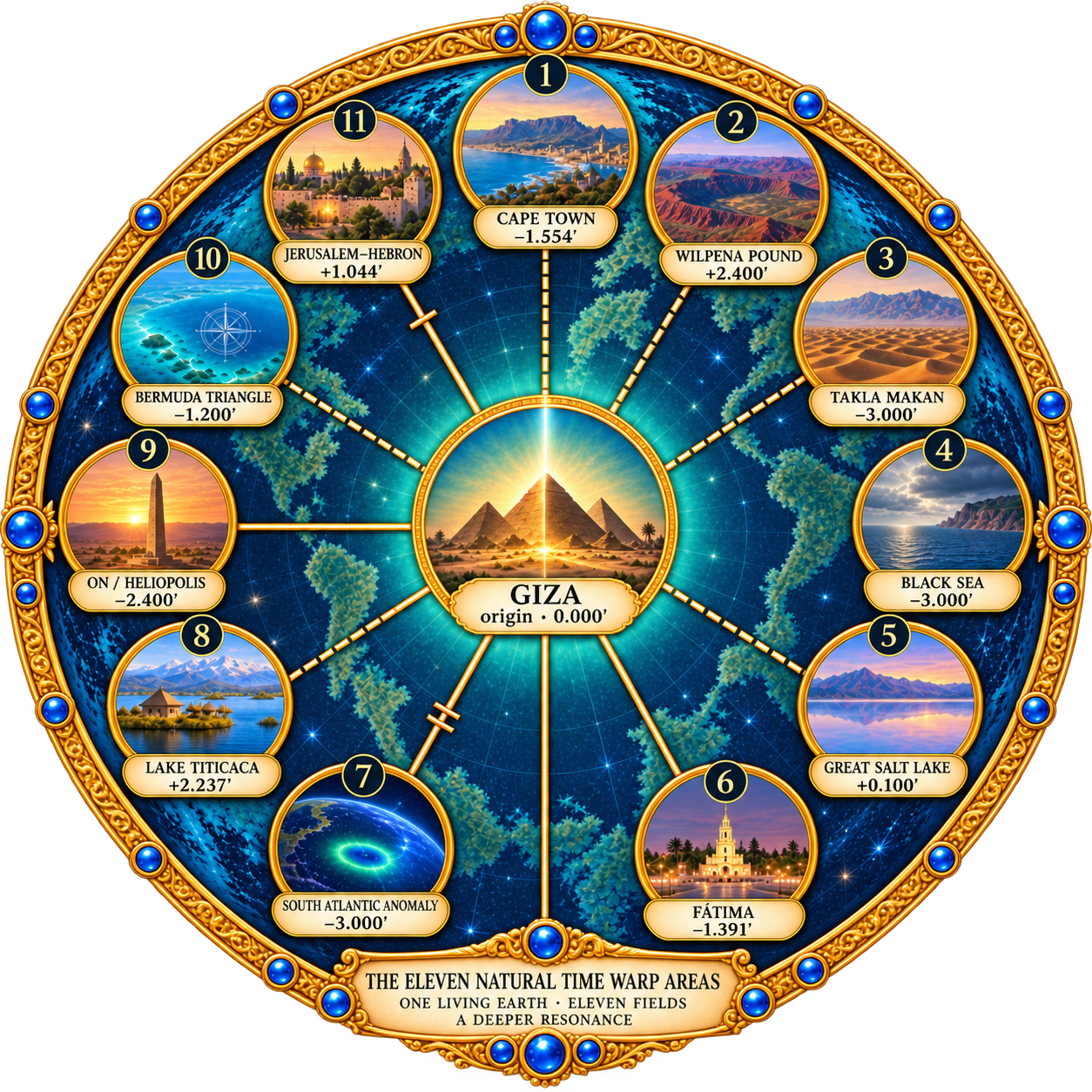 The Natural Time Warp Wheel — eleven circles ringing a teal-lit central pyramid at Giza, each a Natural Time Warp Area named in Book II