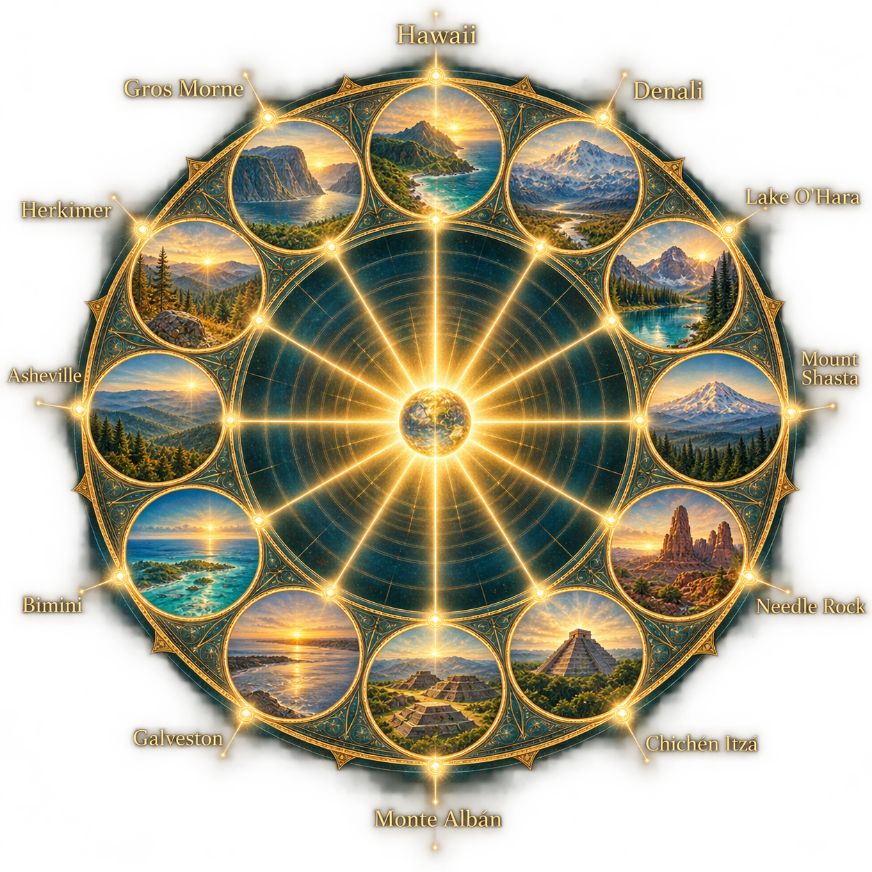 The Satellites Wheel — Arkansas's twelve named Satellites, positioned around a wheel radiating outward from the centre