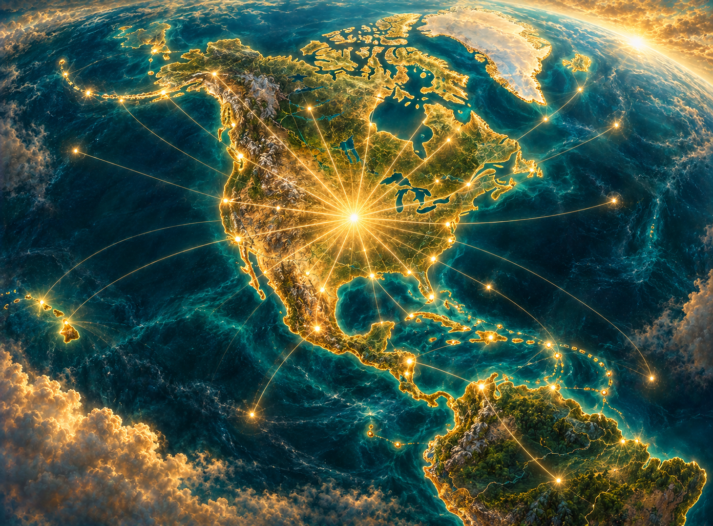 The Satellites Map — Arkansas's twelve Satellites radiating outward across North America and the Caribbean, painted over a luminous regional map
