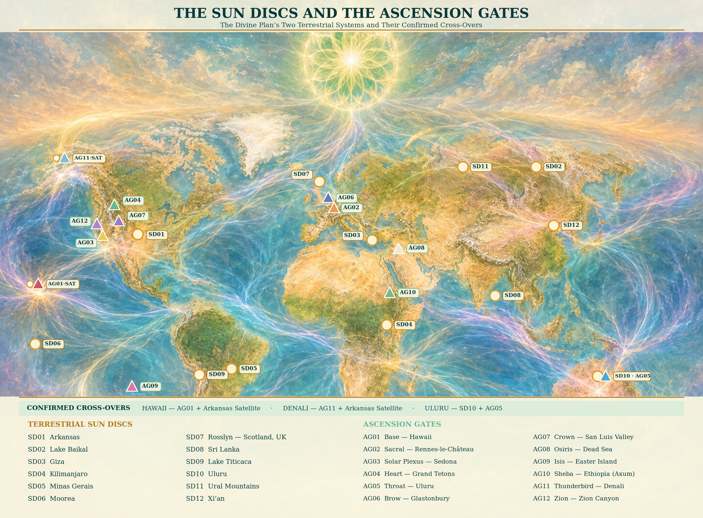The Sun Discs and the Ascension Gates — the Divine Plan's two terrestrial systems and their confirmed cross-overs, painted over a luminous world map with a full legend naming all twelve Sun Discs and all twelve Ascension Gates