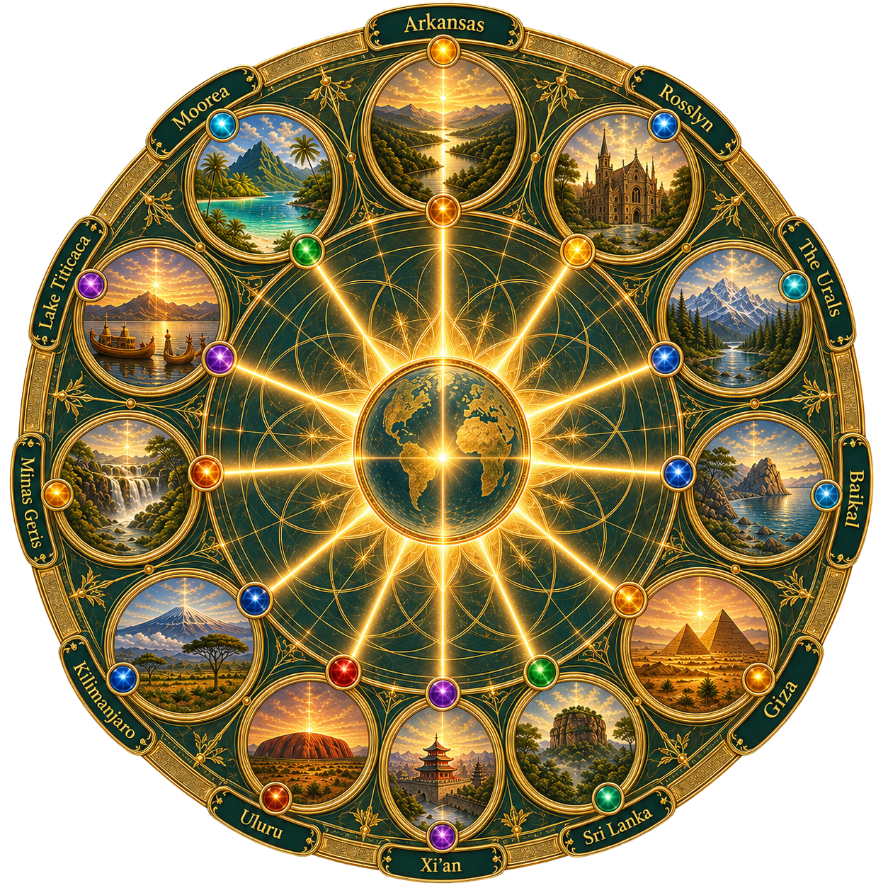 The Twelve Sun Discs and their locations, positioned around a wheel