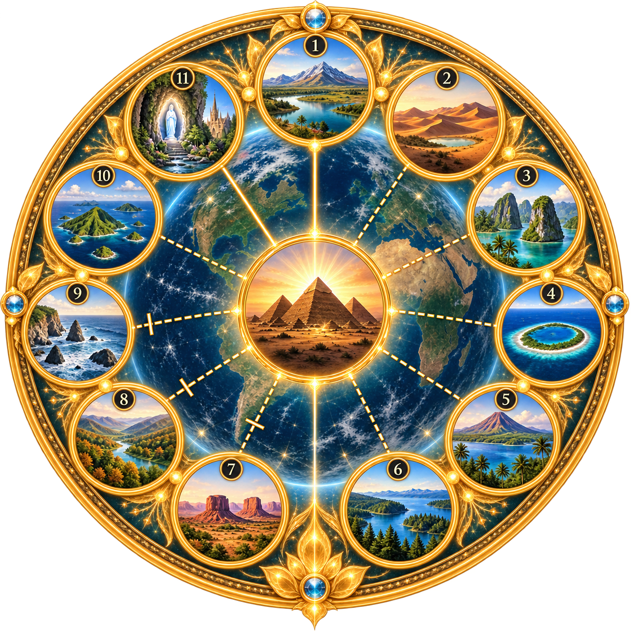 The Artificial Time Warp Wheel — eleven circles ringing a central pyramid at Giza, each an Artificial Time Warp Area named in Book I